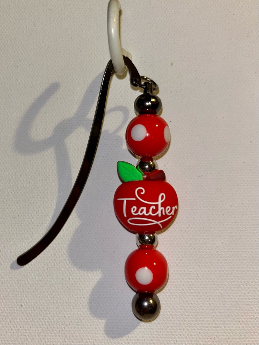 Red Thank You/Teacher Apple & White Polka Dot Beaded Bookmark
